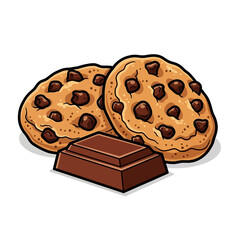 A delicious vector illustration of two freshly baked chocolate chip cookies and a piece of chocolate bar, isolated on a white background