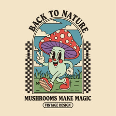 A groovy walking mushroom character in a retro cartoon style giving a peace sign. This vintage 70s inspired nature illustration has a psychedelic feel