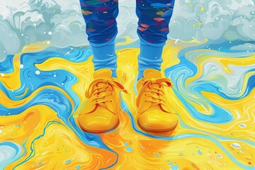 Person standing in colorful abstract paint. Celebrating World Down Syndrome Day with vibrant colors and unity. Concept of inclusion and diversity for community.