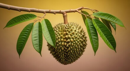 Intricate Durian Fruit Hanging from Branch with Vivid Green Leaves Backdrop
