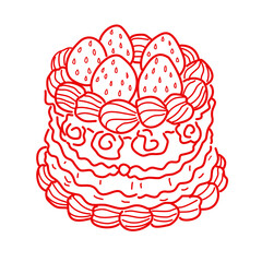 Charming strawberry cream cake illustration vintage bakery dessert art coquette aesthetic kawaii sweet confectionery design romantic patisserie style elegant line art