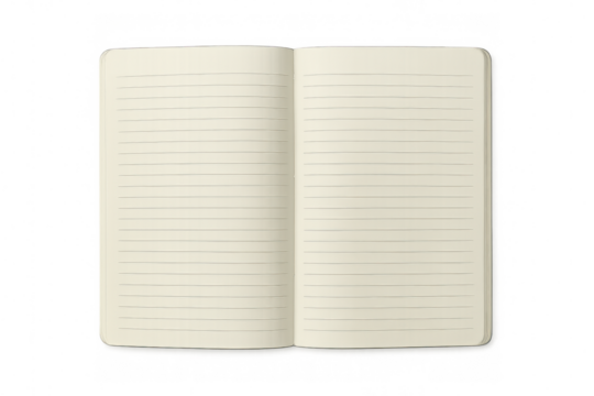 Open journal book with blank lined pages, ready for writing notes, planning, or creative ideas on transparent background