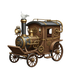 Intricate steampunk carriage with steam engine and detailed mechanical elements transparent background