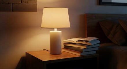 Nightstand Lamp Books Cozy Home Interior Decoration Warm Light Still Life
