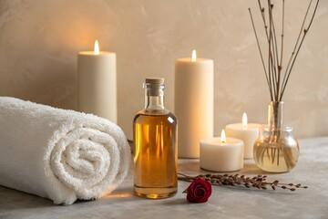 Spa relaxation with candles massage oil and rolled towel