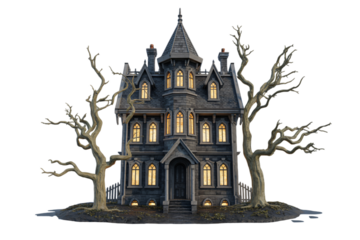 Mysterious gothic mansion with illuminated windows, spooky bare trees, and a foreboding atmosphere, perfect for Halloween designs