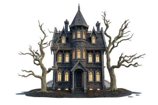 Mysterious gothic mansion with illuminated windows, spooky bare trees, and a foreboding atmosphere, perfect for Halloween designs