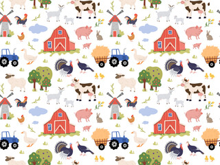 A colorful seamless pattern with farm elements including a barn, tractor, windmill, trees, and various animals (cow, pig, sheep, turkey, rooster, goose, rabbit). Ideal for fabric, wrapping paper, and 