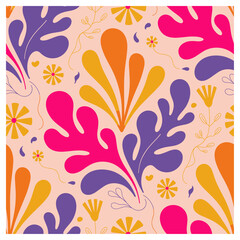 Playful seamless floral pattern with abstract leaves and blooms in pink, orange, and violet tones. Perfect for vibrant fabric, wallpaper, and modern retro surface design.
