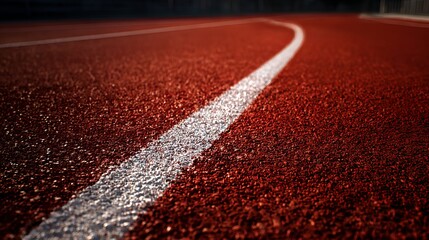 Crimson running track texture, detailed with white lane lines. A close shot highlighting the surface, evokes ideas of sports, rivalry, and physical activity. Competition and fitness implied.
 