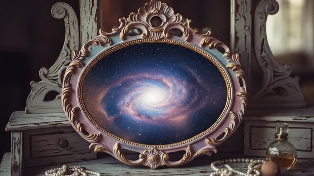 Galaxy reflected in antique mirror