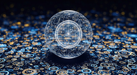 Abstract futuristic technology background with glowing data spheres and global network connections.