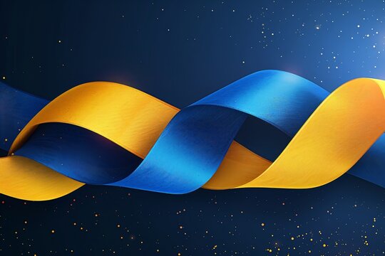 Blue and yellow ribbon intertwining in a wave motion. Abstract representation of World Down Syndrome Day awareness for banner or poster design.