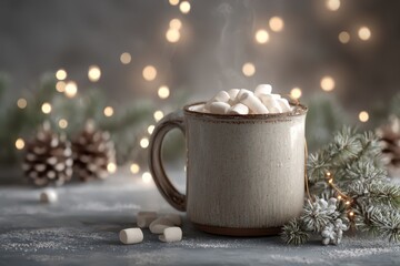 Fototapeta premium Warm drink with marshmallows and Christmas decoration in front of blurred lights. Cozy hot beverage in winter season, christmas and new year holiday season.