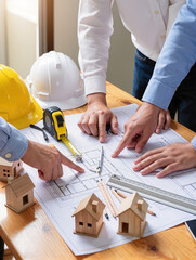 architect man working with blueprints, engineer inspection in workplace for architectural plan, sketching a construction project, selective focus