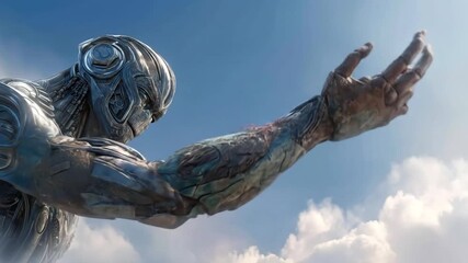 Metallic sculpture of a humanoid figure with cloudy sky background - Powered by Adobe