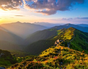 Scenic mountain range at sunset with golden light and clouds