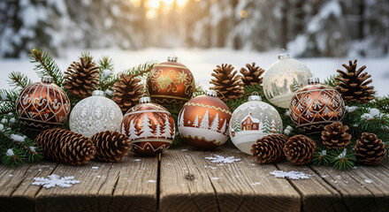 Christmas ornaments and pine cones on a rustic wooden table in a snowy forest. Festive winter scene with holiday decorations at sunset.