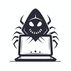 Dark hooded figure looms ominously over a laptop screen in silhouette