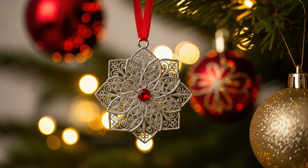 Ornate silver snowflake Christmas ornament with a red gem hanging on a tree. Elegant holiday decoration with a warm bokeh light background.