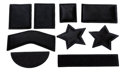 black embroidered patches collection various shape isolated on white background png, ai generated.