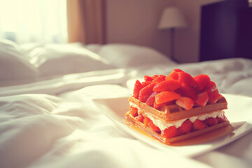 Whole-grain waffles with strawberries and maple syrup, minimal breakfast setup, bright daylight, neutral backdrop.