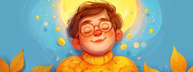 Happy boy with eyeglasses smiling under bright light. Celebrating down syndrome world day. Joyful illustration for awareness and support.