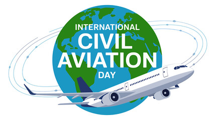 International Civil Aviation Day Illustration with Airplane and Globe for Transportation and Global Connectivity Awareness with Blue Orbits