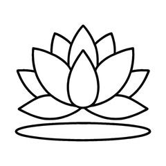 Simple black and white outline drawing of a blooming lotus flower with a subtle reflection below