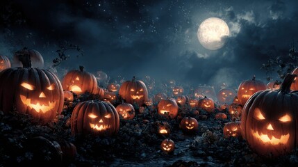 Naklejka premium field of glowing jack-o'-lanterns at night,