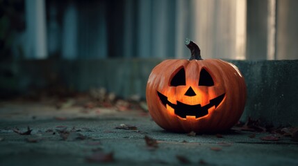 carved glowing pumpkin on a step,