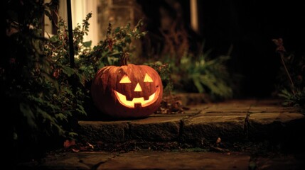 glowing Halloween pumpkin on stone steps,