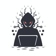 Hooded hacker with red eyes uses a laptop, and digital structures emanate from them
