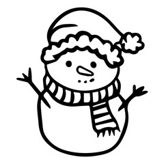 Snowman icon in winter hat and scarf in doodle style. Vector illustration isolated on white background.