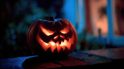 spooky glowing halloween pumpkin at night