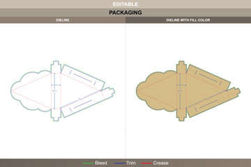Triangle cake box dieline vector printing packaging layout structured fold panels and accurate die line design for bakery product presentation