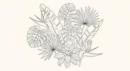 A detailed line drawing of a lush tropical plant arrangement featuring various large leaves and bird of paradise flowers.