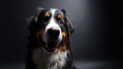 bernese. Portrait of a playful Bernese mountain dog against a simple colored backdrop with directional lighting. wildlife magazines, conservation campaigns, designed for eco-tourism storytelling.
