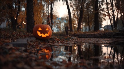 glowing halloween pumpkin by the water