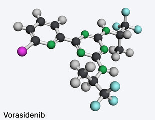 Vorasidenib molecule. Used to treat certain types of brain tumours in selected patients with genetic mutations. Molecular model. 3D rendering. Illustration