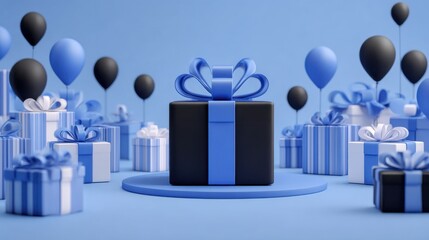 black and blue gifts with balloons