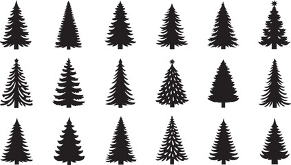 Obraz premium Collection of diverse black silhouette christmas trees with textured pine needles on white background