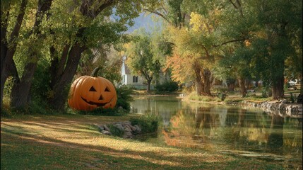 giant halloween pumpkin in autumn park