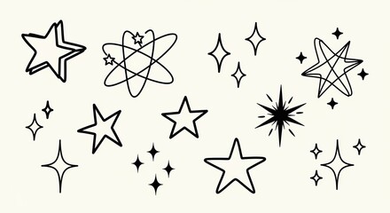 Star Doodle Vector Set with Orbit Lines and Sparkling Twinkle Elements , Isolated Minimalist Line Art Collection