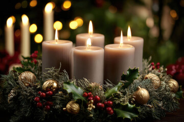 Advent wreath with lit candles and Christmas ornaments for the holiday season