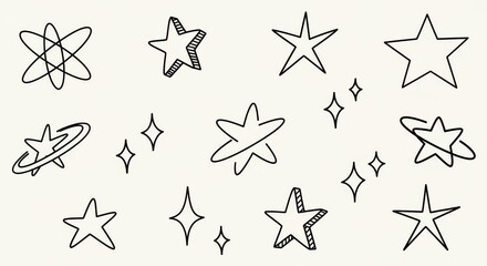 Star Doodle Vector Set with Orbit Lines and Sparkling Twinkle Elements , Isolated Minimalist Line Art Collection