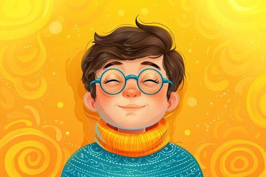 Smiling kid with closed eyes wearing glasses and a sweater, happy concept. World Down Syndrome Day illustration.