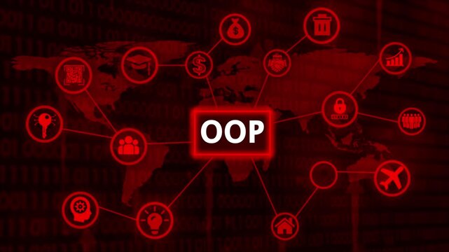 Red Hexagonal Network With OP Central Concept And Business Icons On Dark Background object oriented programming