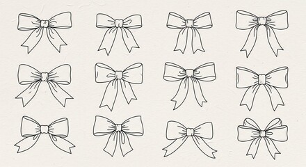 Ribbon Bow Line Art Set , Hand-Drawn Outline Bows Arranged in a Grid on Light Paper Texture Background, Elegant Vector Illustration Collection
