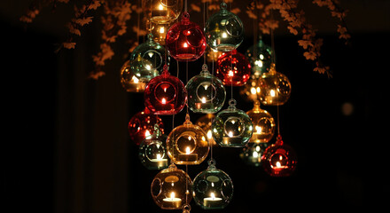 Colorful hanging glass candle holders glowing in the dark. Romantic and magical atmosphere with tealight flames for a celebration or event.
